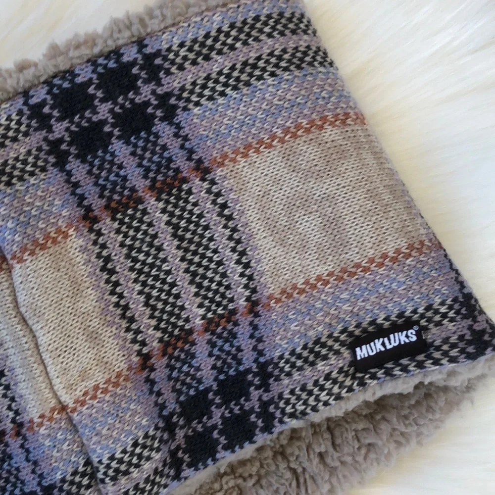 Muk Luks Infinity scarf wrap flannel multi color plaid pattern print faux fur